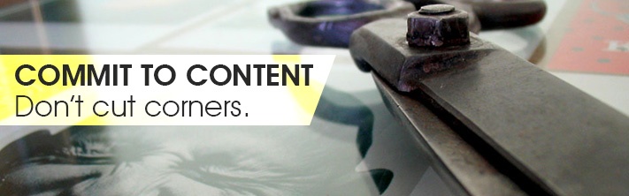 "Commit to content. Don't cut corners." scissors on magazine with man squinting face