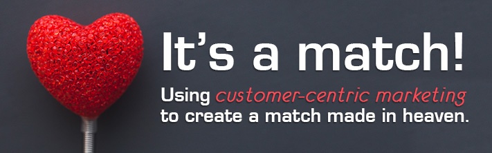 "It's a match! Using customer-centric marketing to create a match made in heaven." Red heart balloon on grey background