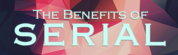 "The Benefits of Serial" on geometric pattern background