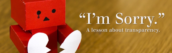 "'I'm Sorry' A lesson about transparency." Sad robot holding broken heart.