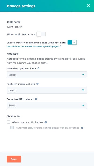 HubDB Settings